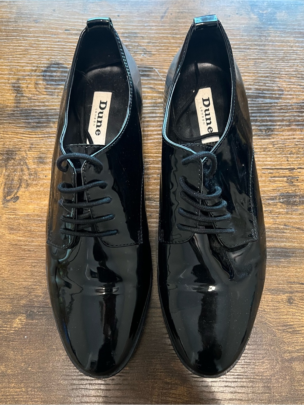 Dune London Women’s Black Patent Leather Derby Shoes | Size 8